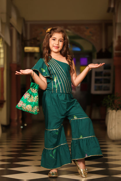 Girl Handpainted Sharara Set-Bottle Green