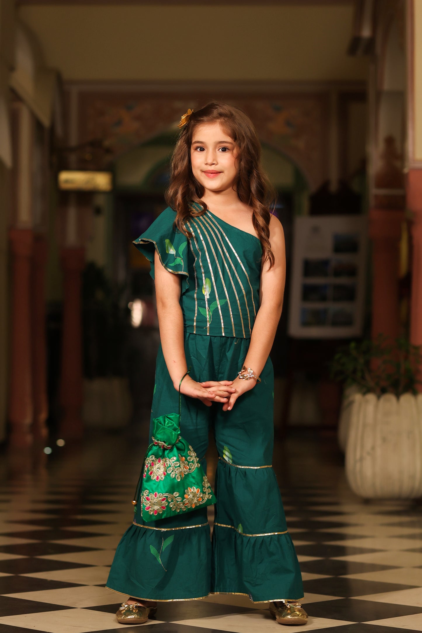 Girl Handpainted Sharara Set-Bottle Green