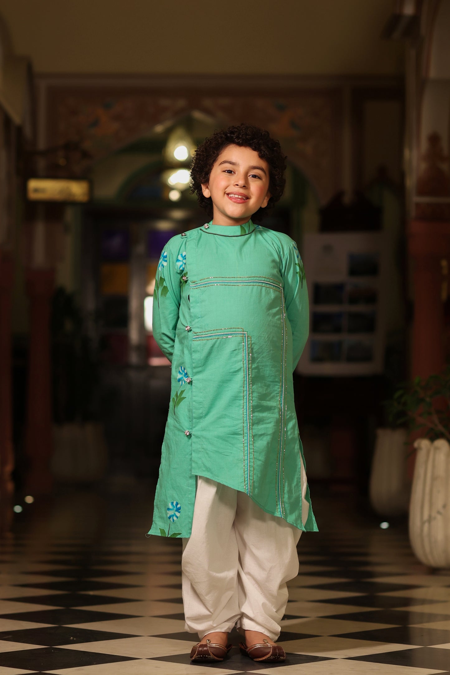 Boy Handpainted Kurta Balloon Pants Set - Sap Green