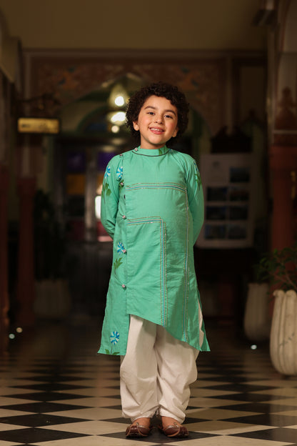 Boy Handpainted Kurta Balloon Pants Set - Sap Green