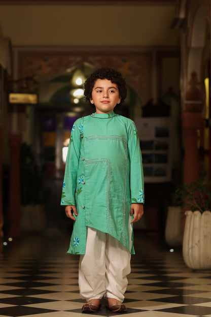 Boy Handpainted Kurta Balloon Pants Set - Sap Green