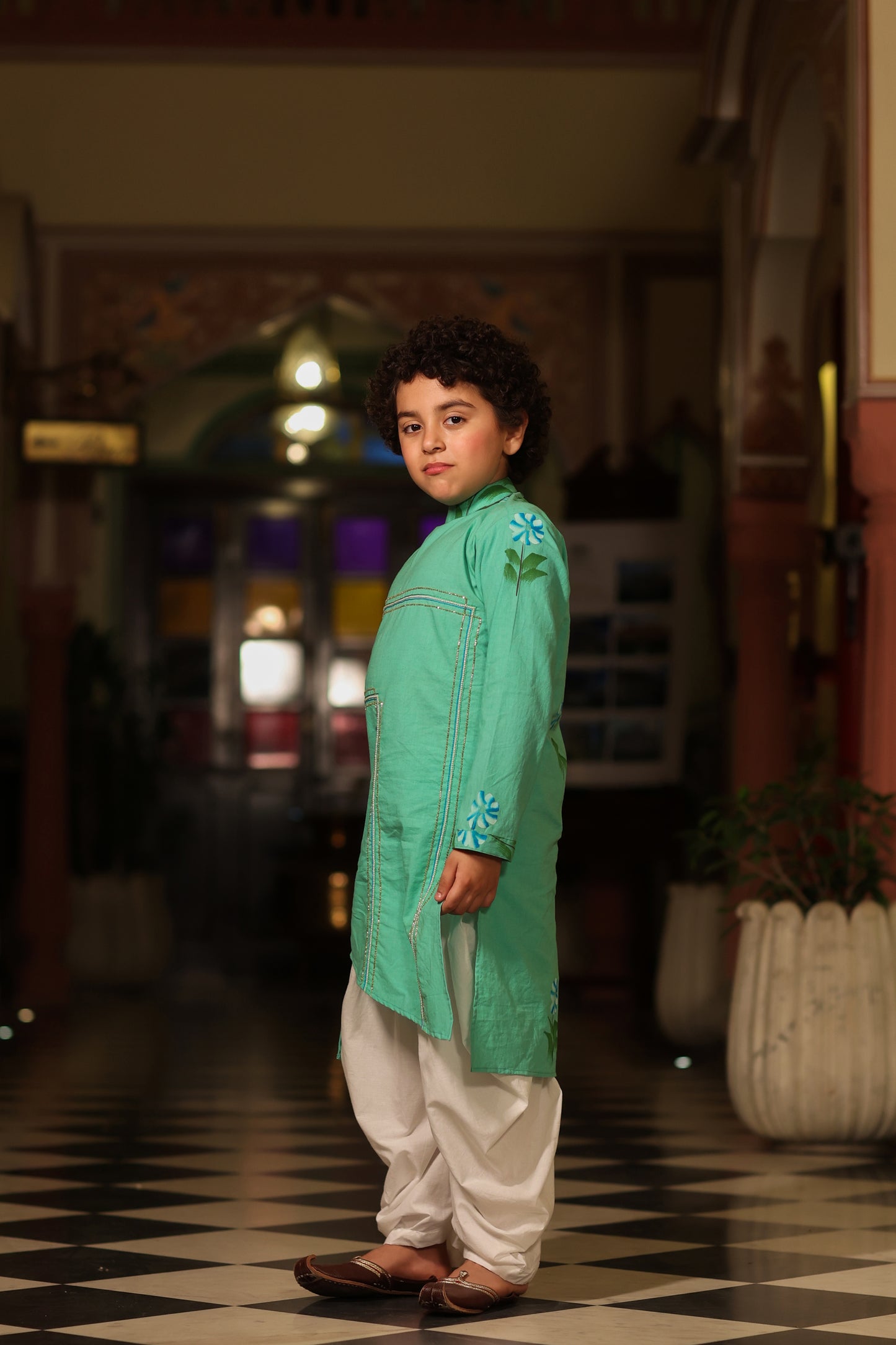 Boy Handpainted Kurta Balloon Pants Set - Sap Green