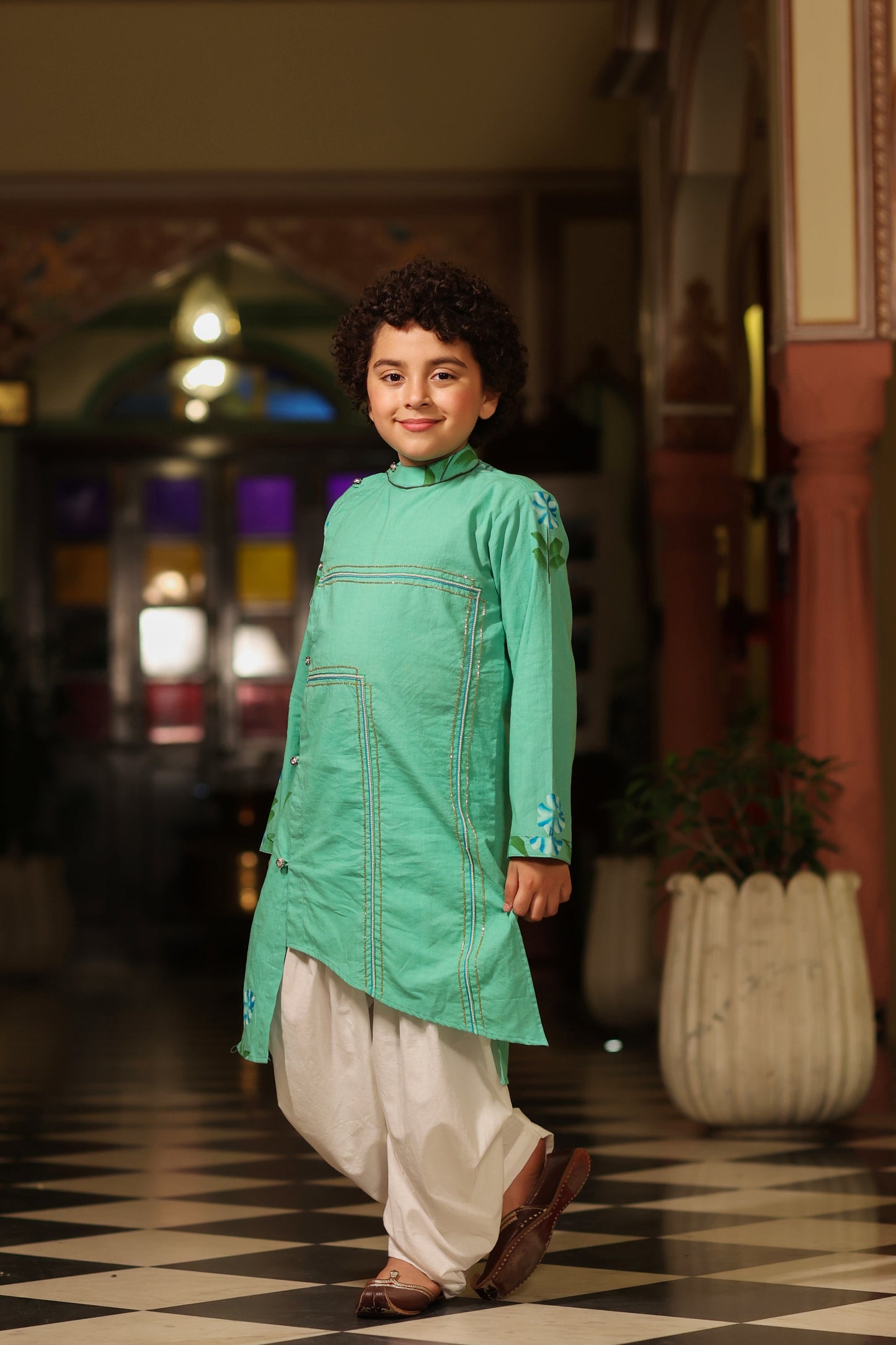 Boy Handpainted Kurta Balloon Pants Set - Sap Green