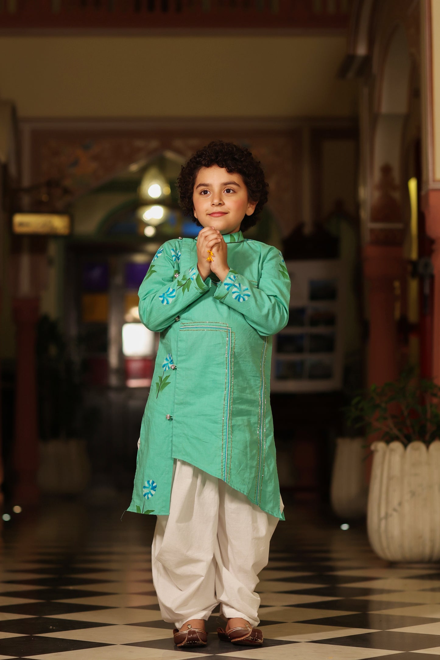 Boy Handpainted Kurta Balloon Pants Set - Sap Green