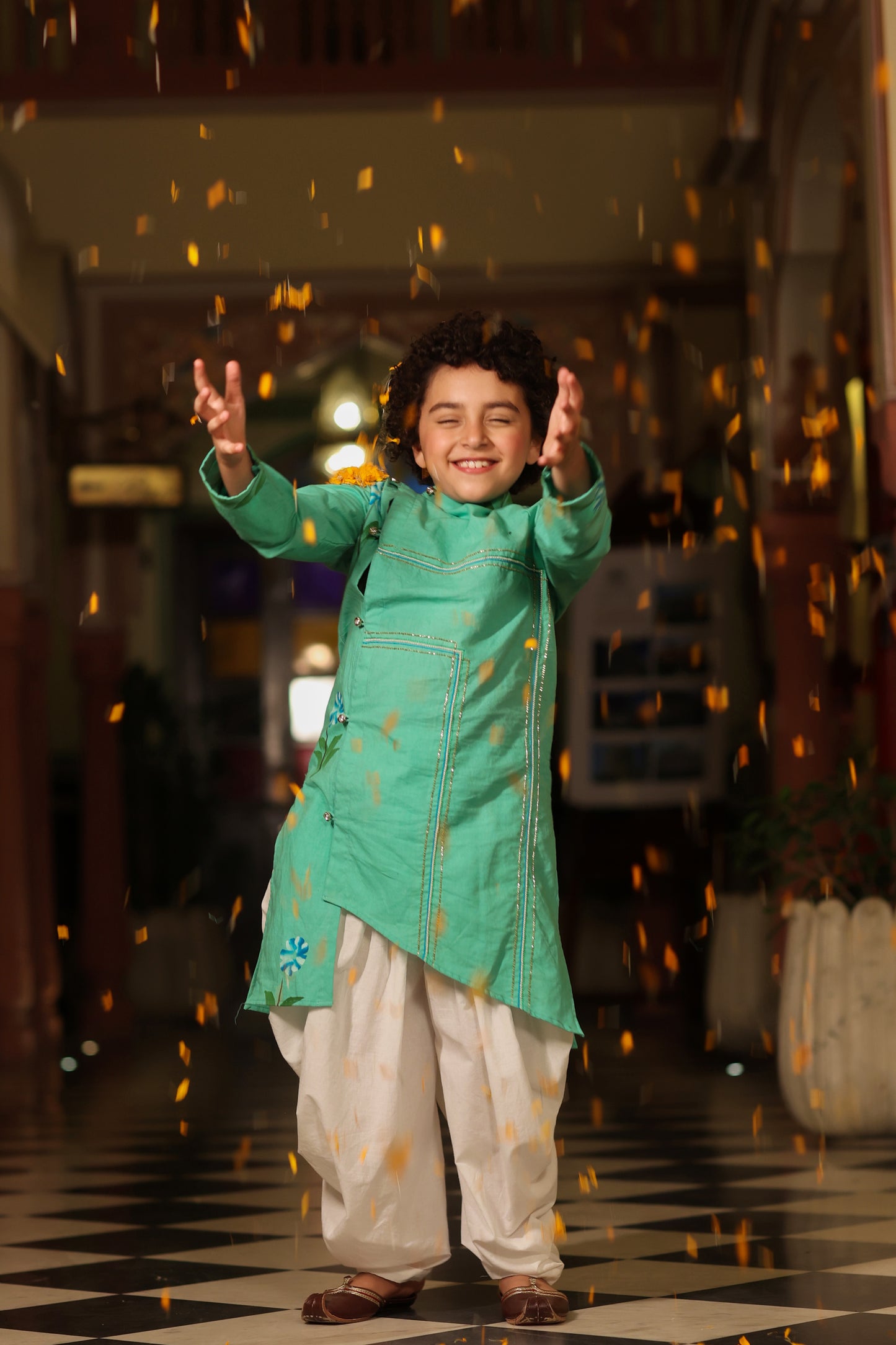 Boy Handpainted Kurta Balloon Pants Set - Sap Green