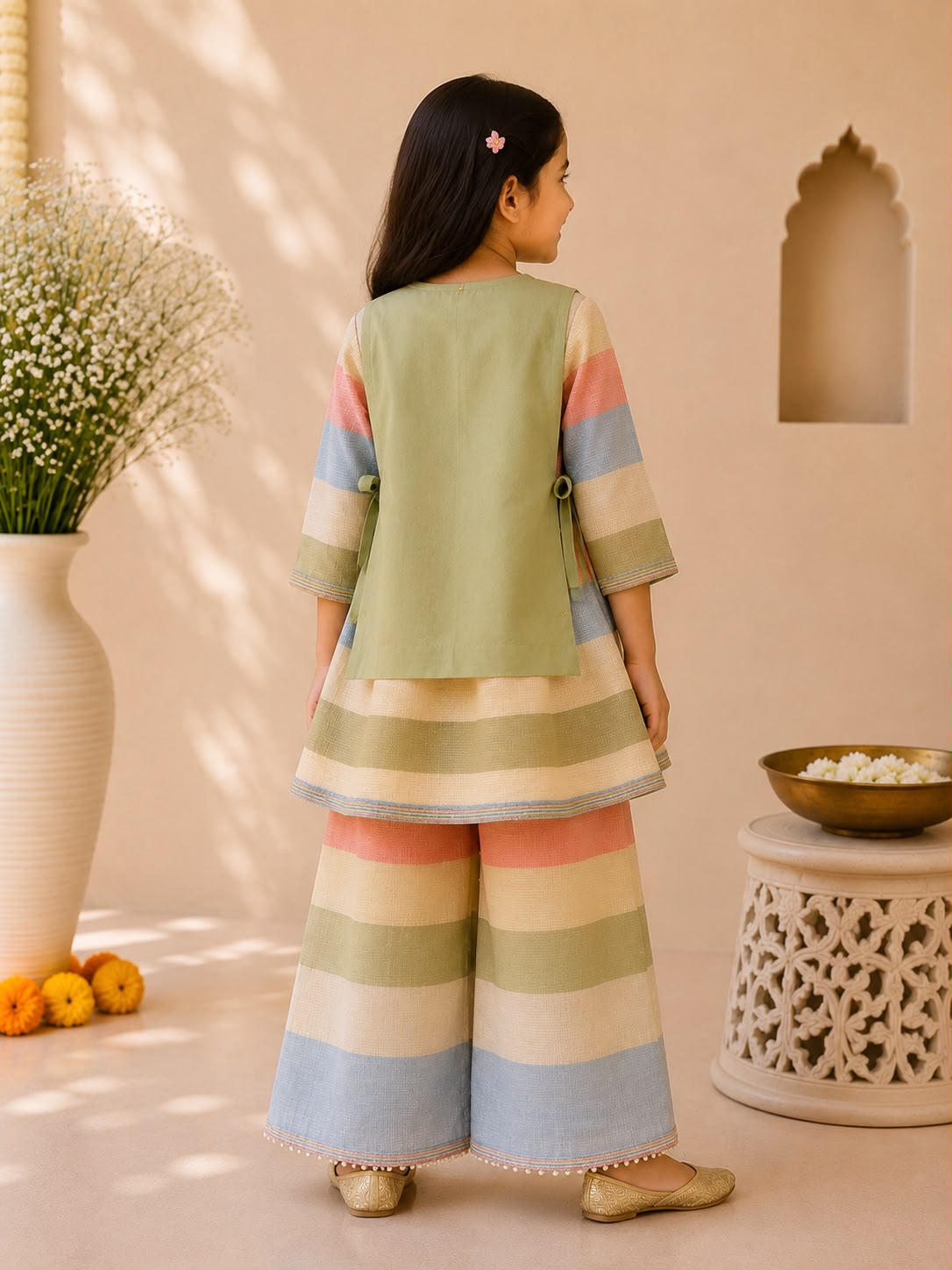 Girl Gulbahar Kurta Pallazo Set - Green