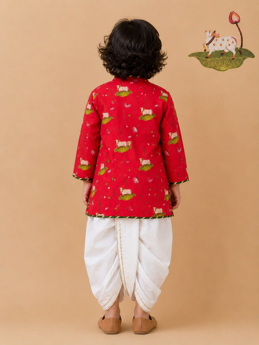 Pichwai Angarkha Kurta Dhoti Set -Red