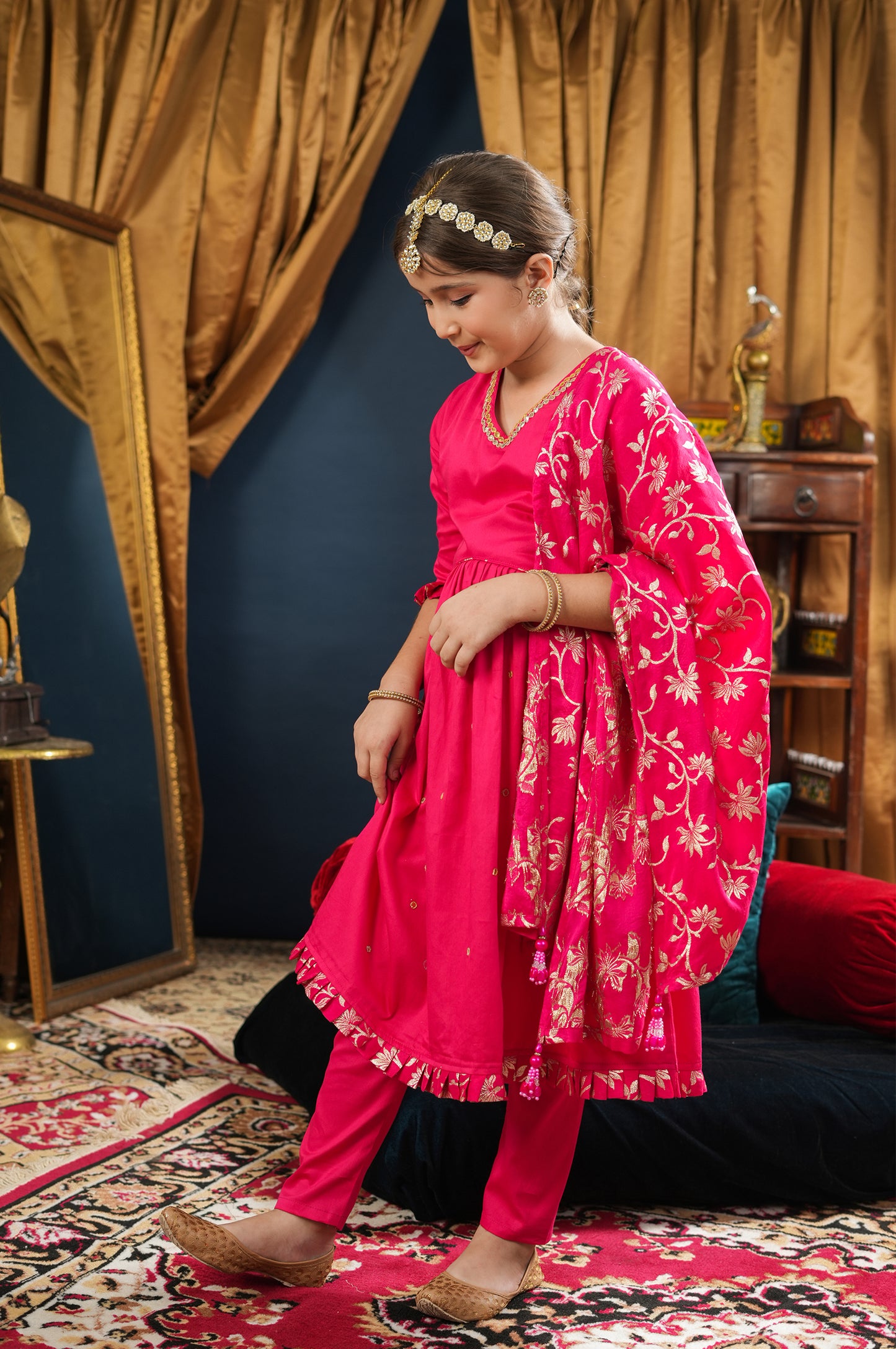 Girl 3pc Anarkali Kurta Set-Rani Pink