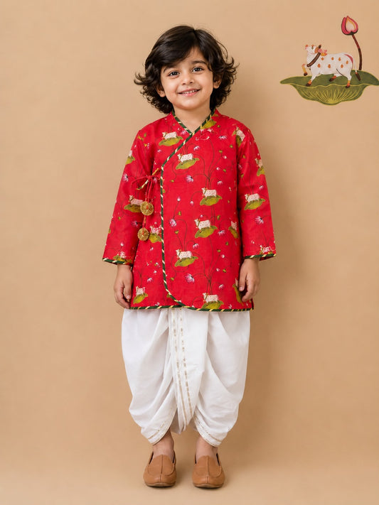 Pichwai Angarkha Kurta Dhoti Set -Red