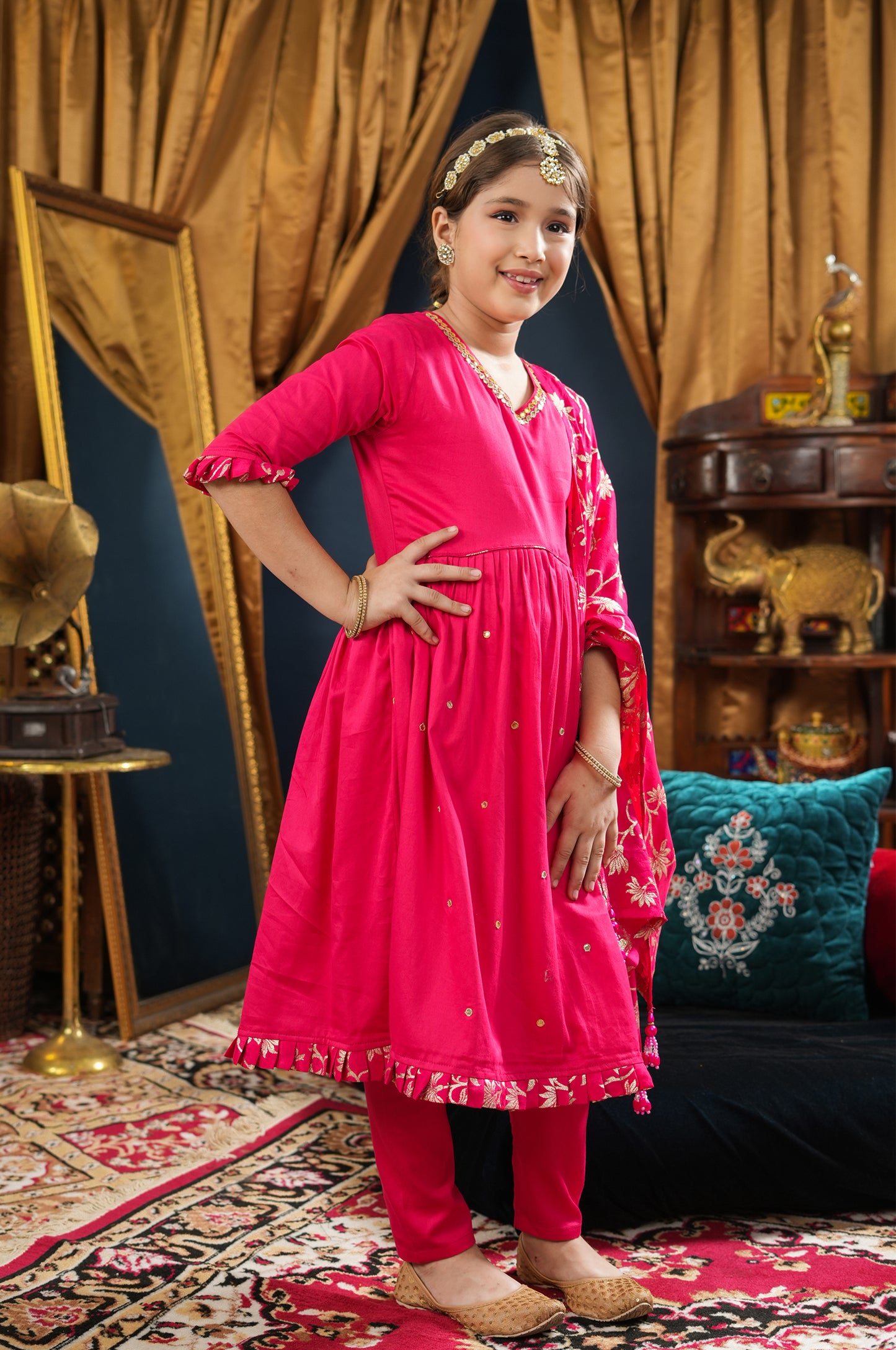 Girl 3pc Anarkali Kurta Set-Rani Pink