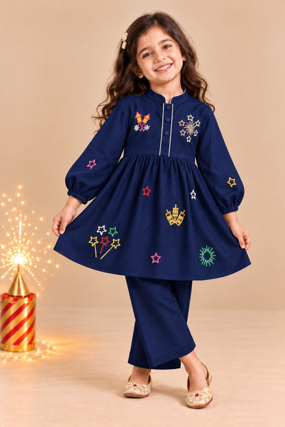 Girl Pataka Kurta Pant Set -Navy Blue