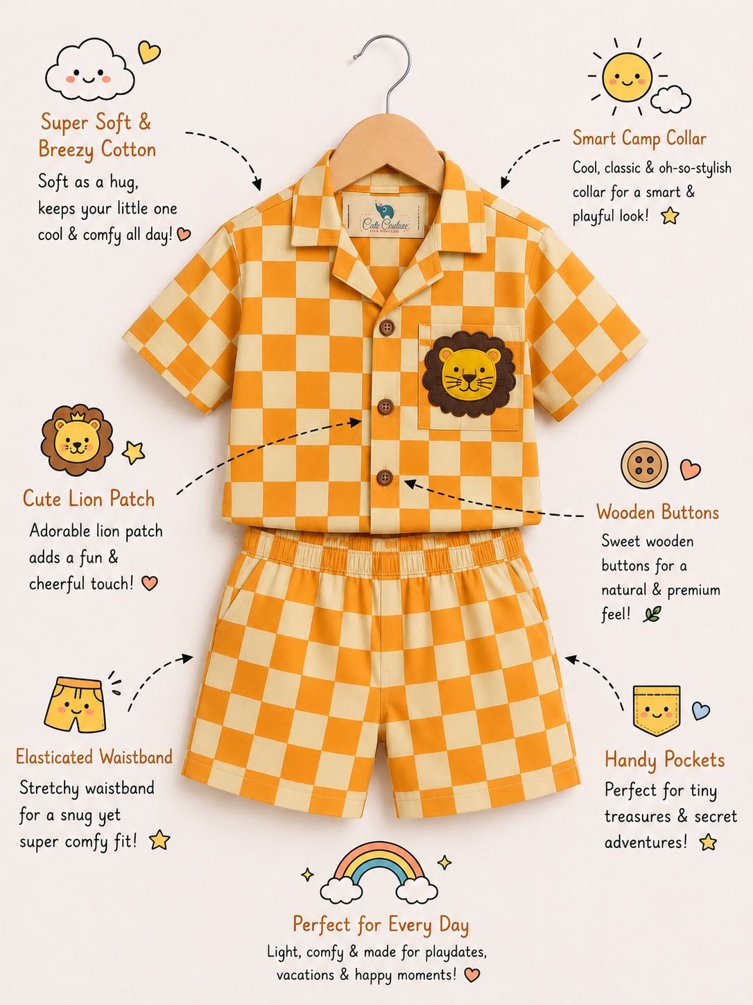 Lion Checks Coord Set - Orange and Light Green
