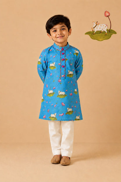 Pichwai Kurta Set - Turquoise