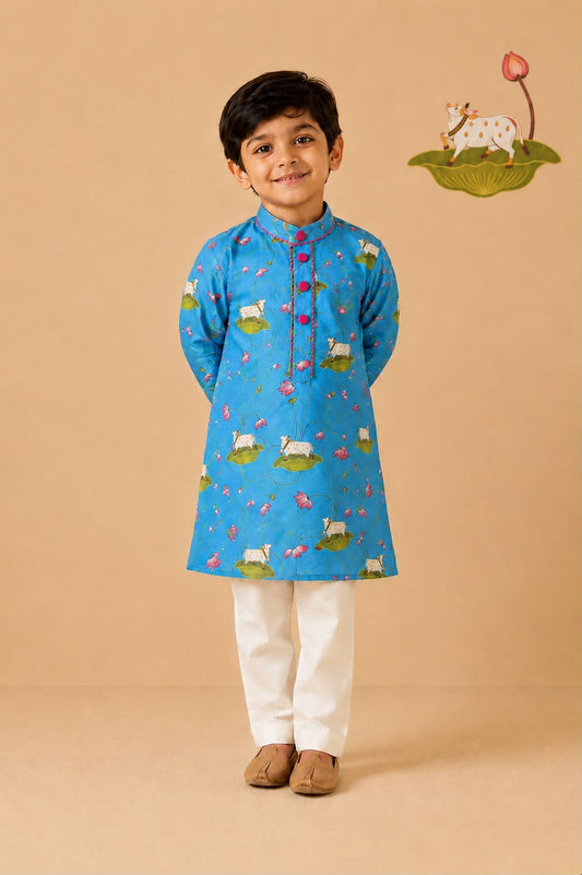 Pichwai Kurta Set - Turquoise
