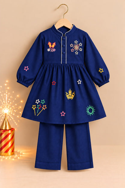 Girl Pataka Kurta Pant Set -Navy Blue