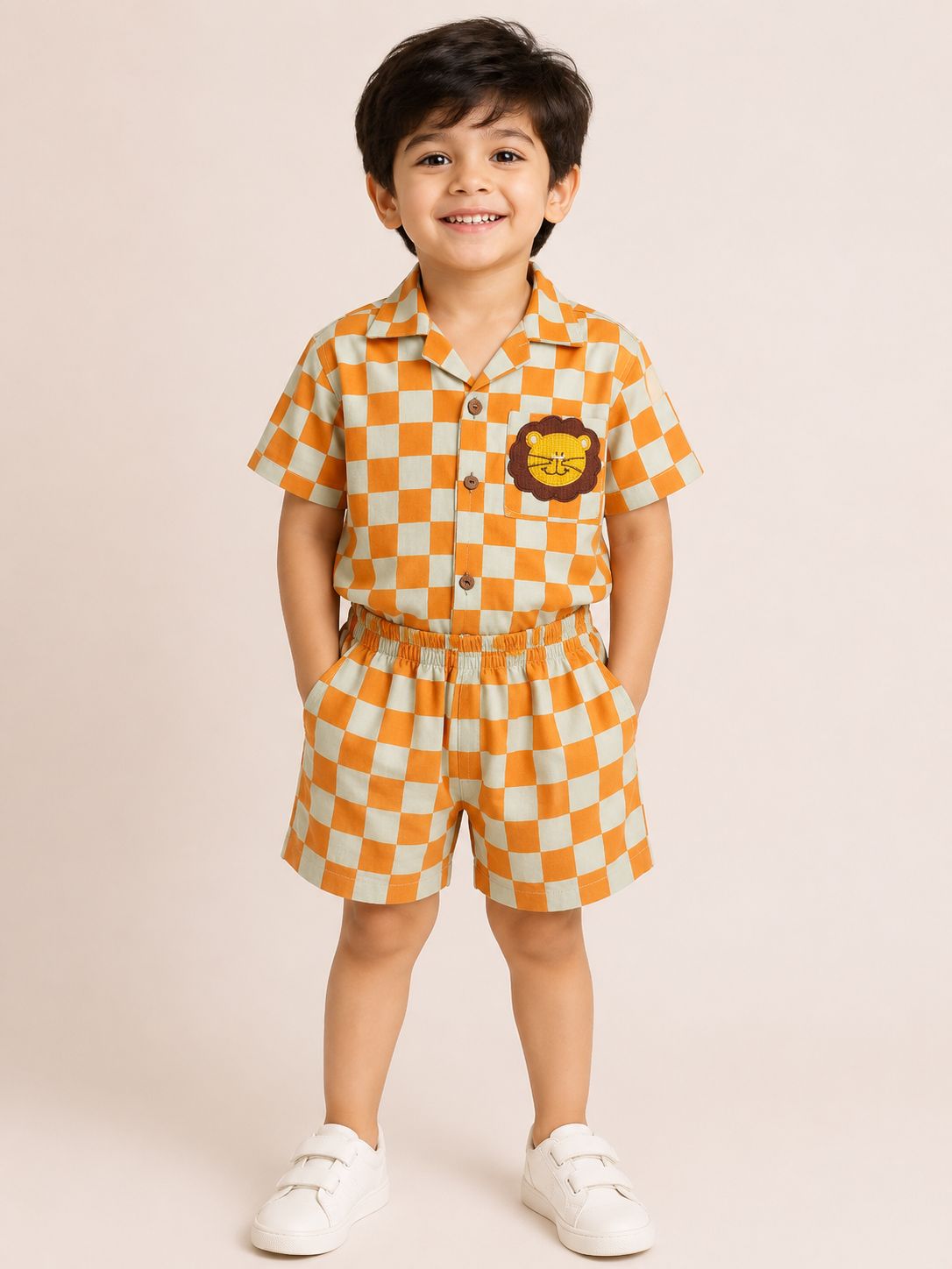 Lion Checks Coord Set - Orange and Light Green
