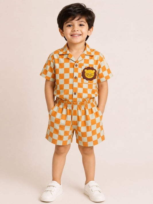 Lion Checks Coord Set - Orange and Light Green