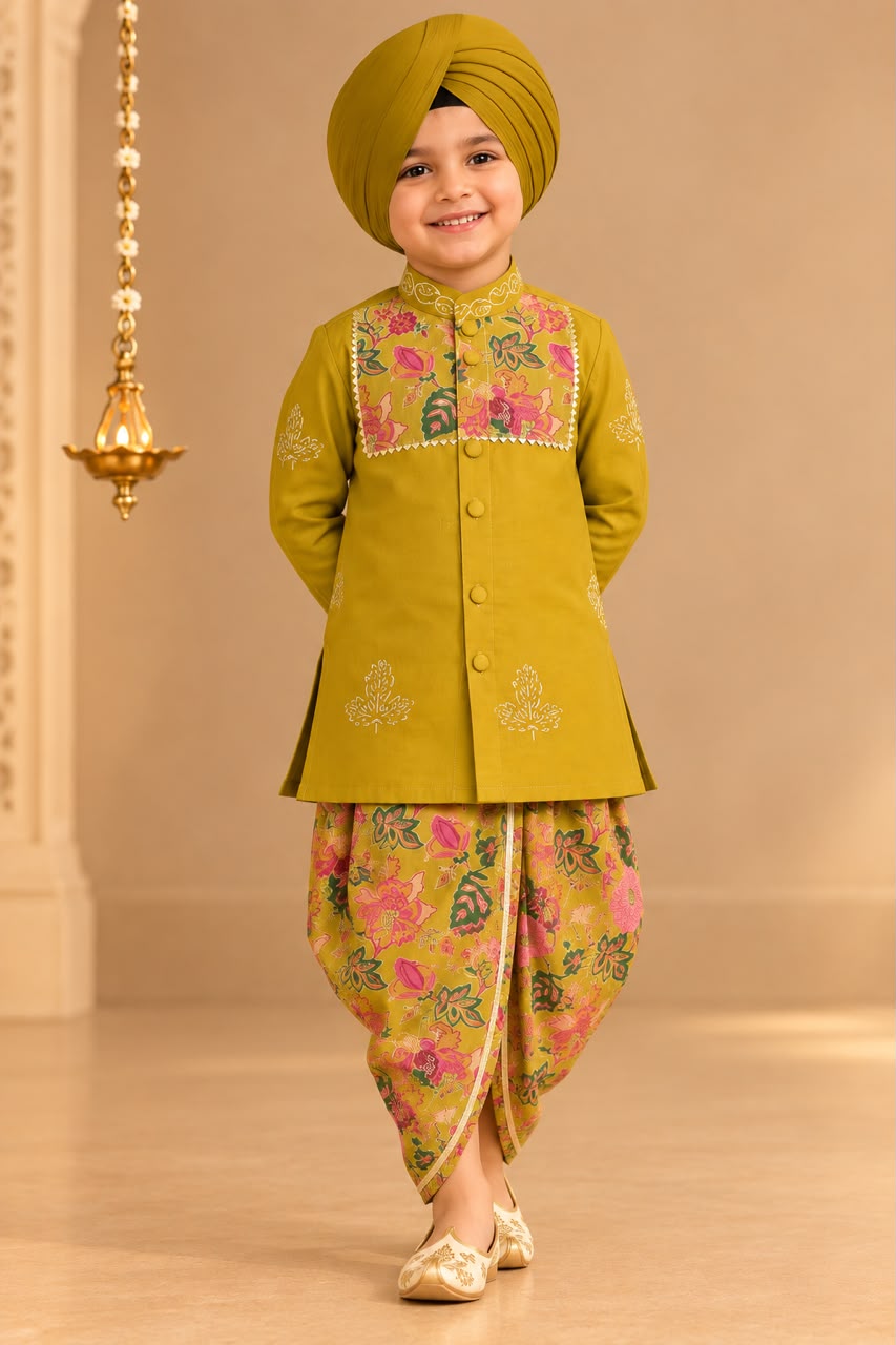 Boy Sitara Dhoti Kurta Set- Mustard Yellow
