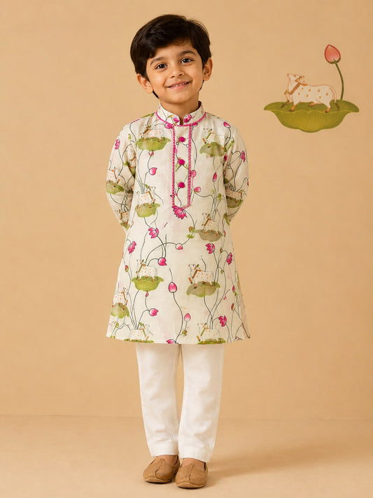 Pichwai Kurta Set - White