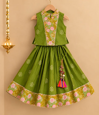 Girl Sitaara Skirt Top Set - Sap Green