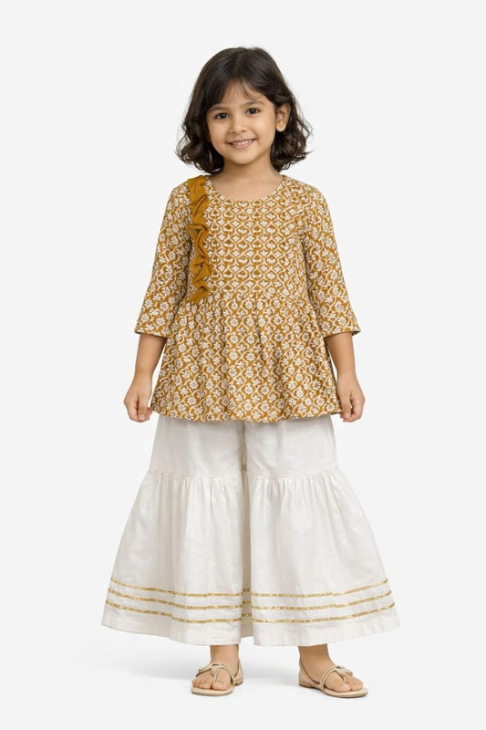 Girl Print Sharara Set -Mustard Yellow