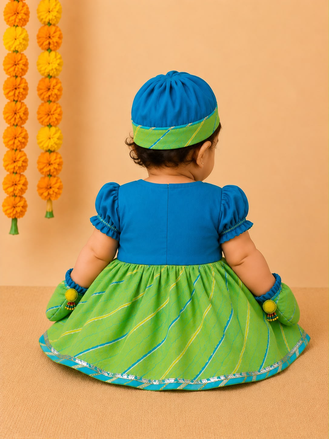 Baby Girl Lehariya Jamna Set - Turquoise Green