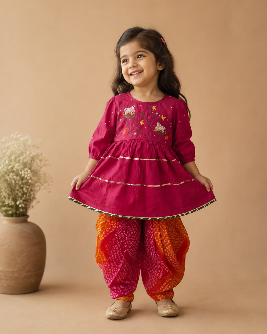 Girl Raas Rang Rani Peplum Kurta Dhoti Set- Rani and Mustard