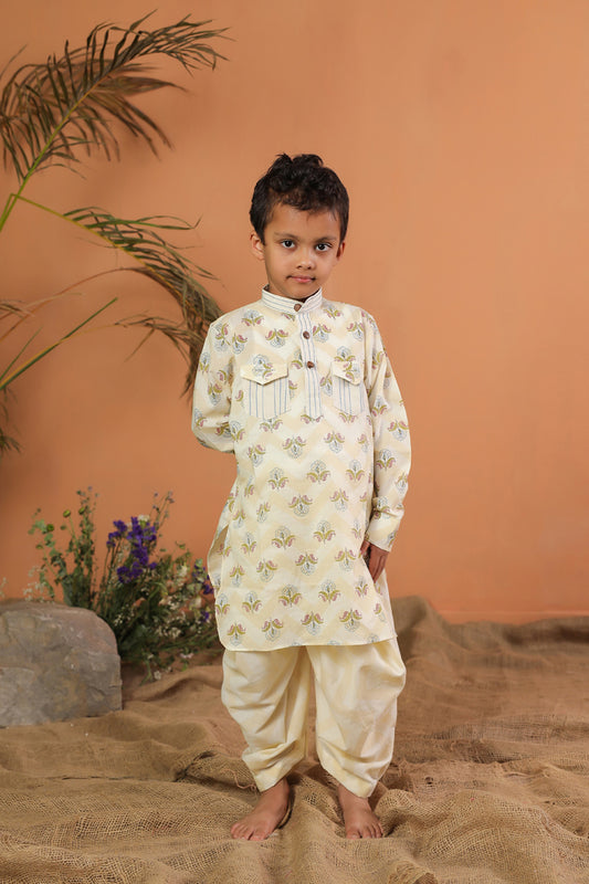 Boy Floral Kurta Set - Beige