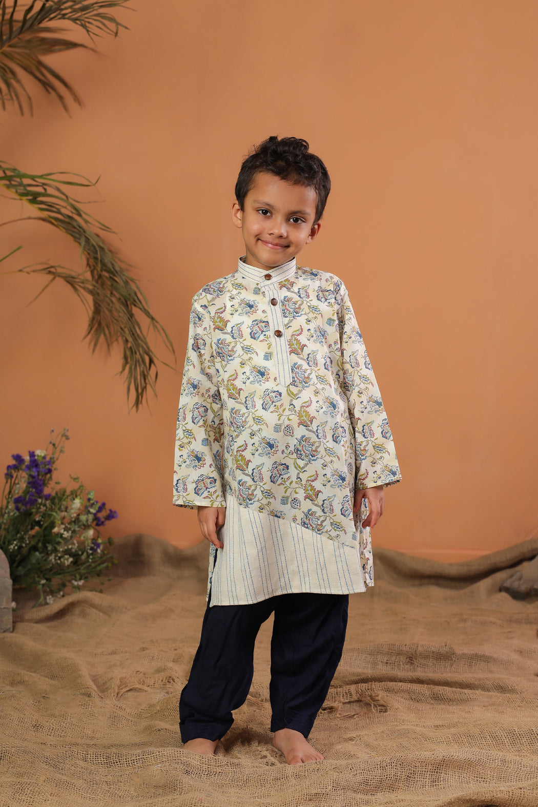 Boy Floral Hemming Kurta Set - Beige