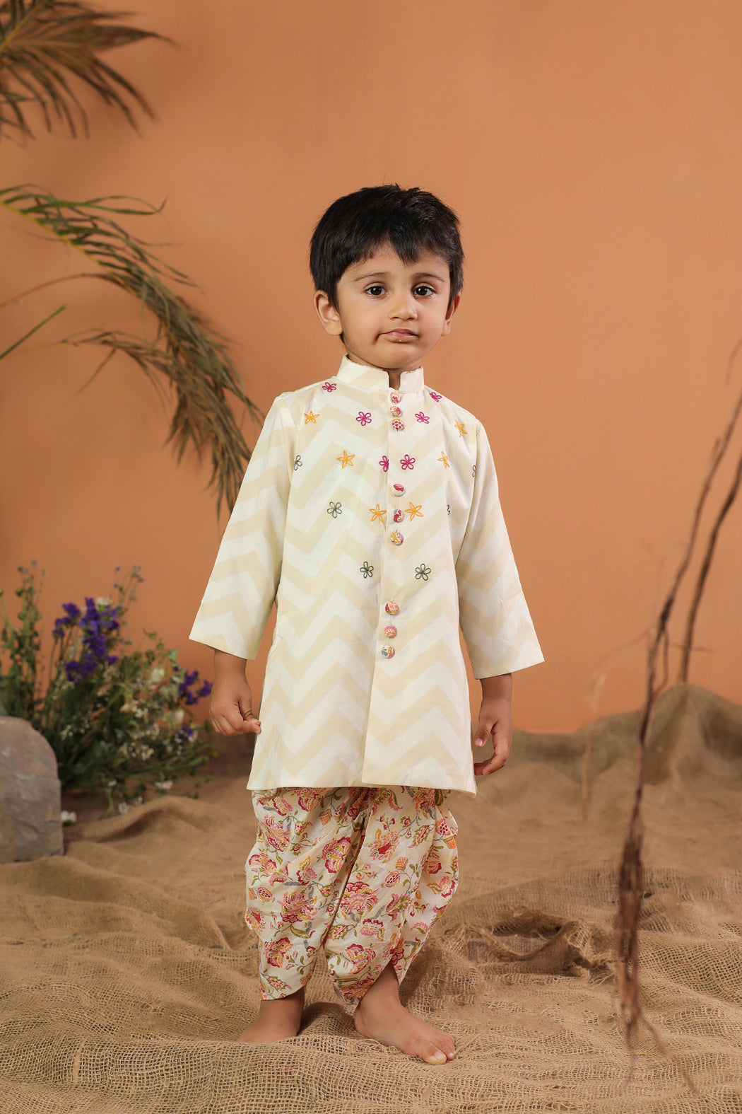 Boy Embroidered Dhoti Set - Beige