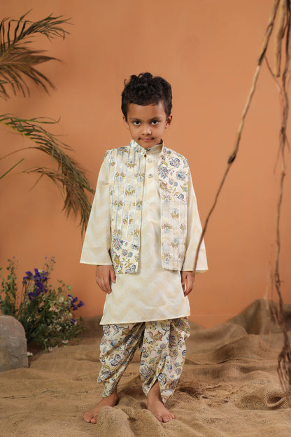 Boy Floral Dhoti Kurta Set - Beige