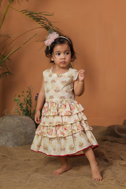 Girl Floral Tiered Frock - Beige