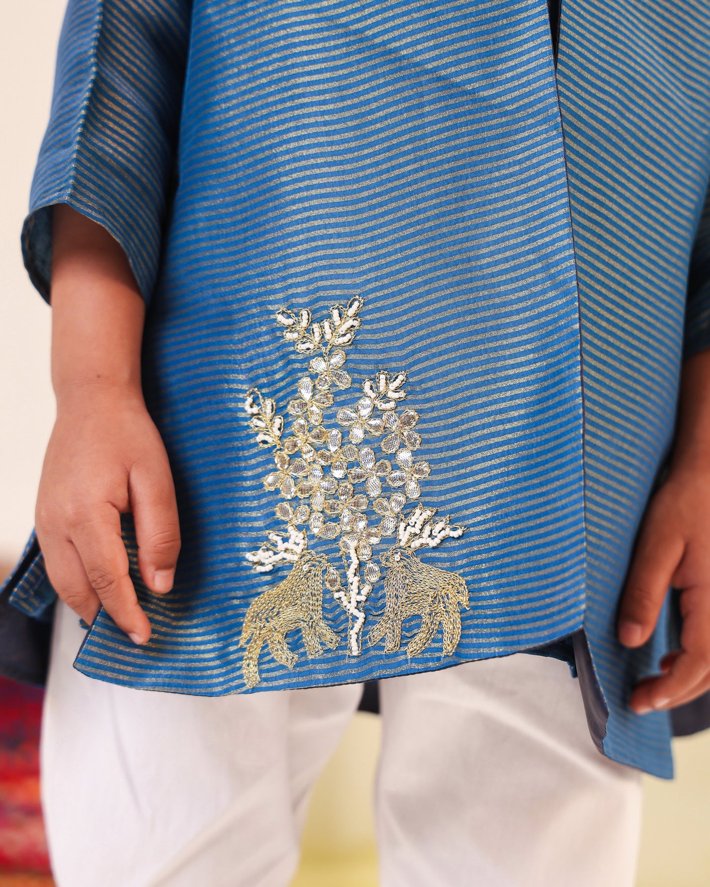 Boy Fancy Zari Embroidered Bundi Set-Teal Blue