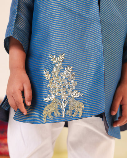 Boy Fancy Zari Embroidered Bundi Set-Teal Blue