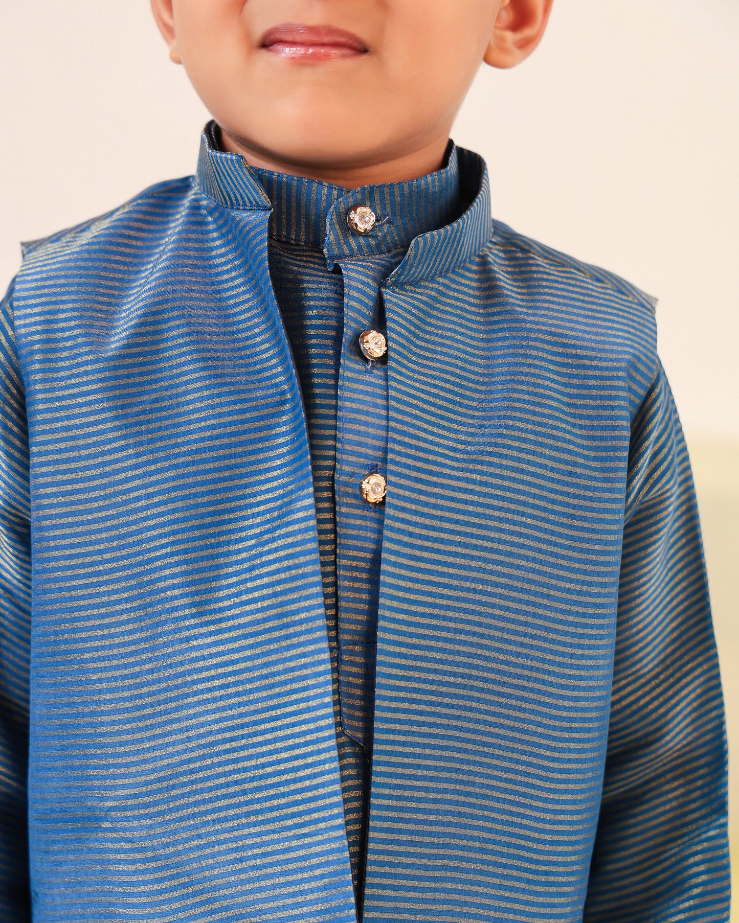 Boy Fancy Zari Embroidered Bundi Set-Teal Blue