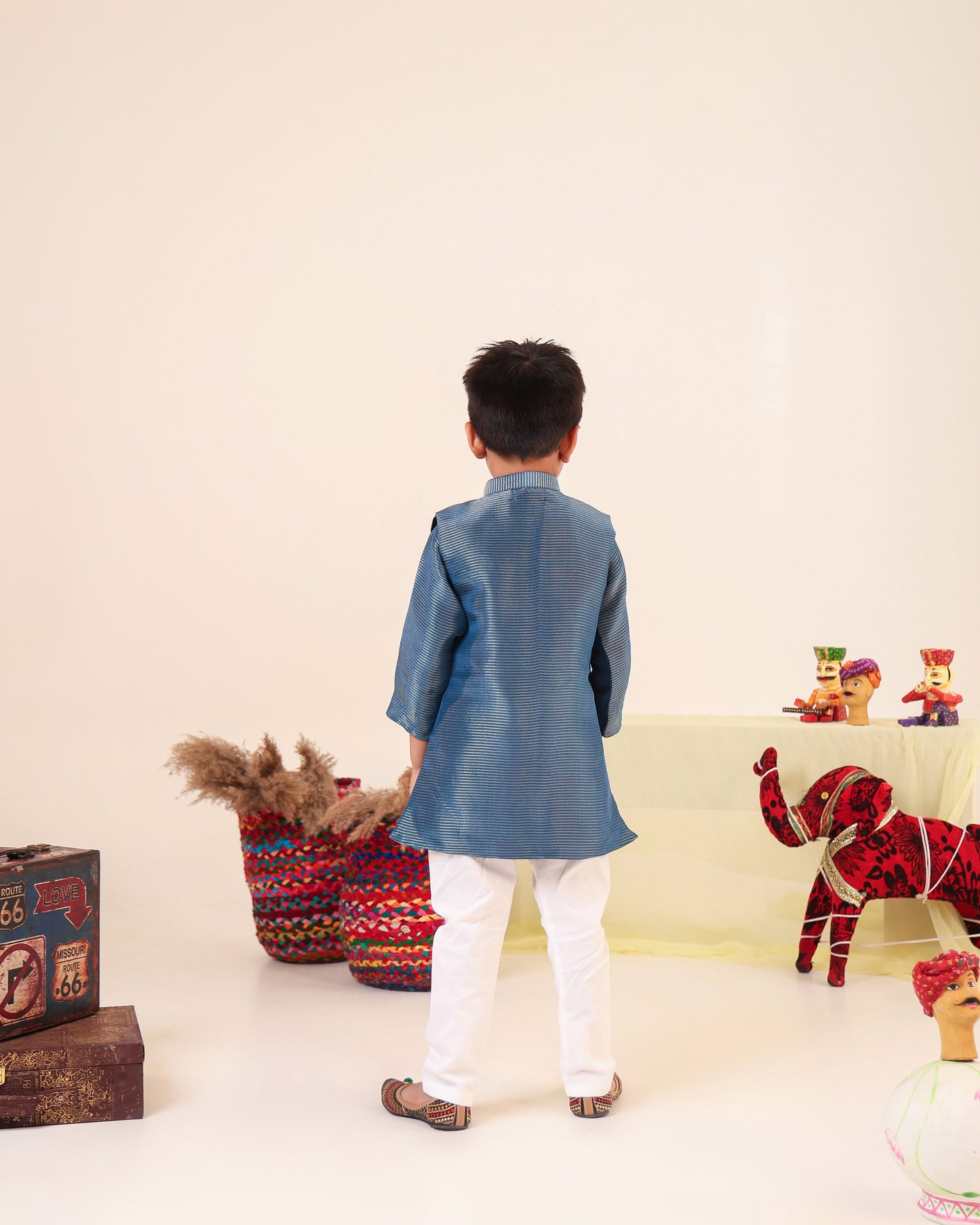 Boy Fancy Zari Embroidered Bundi Set-Teal Blue