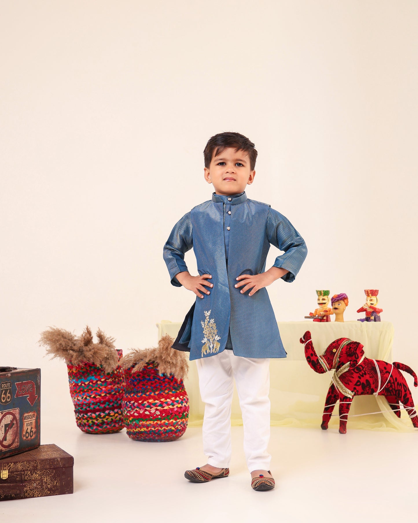 Boy Fancy Zari Embroidered Bundi Set-Teal Blue