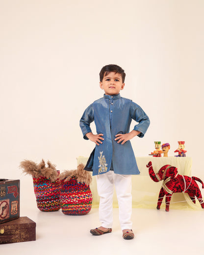 Boy Fancy Zari Embroidered Bundi Set-Teal Blue