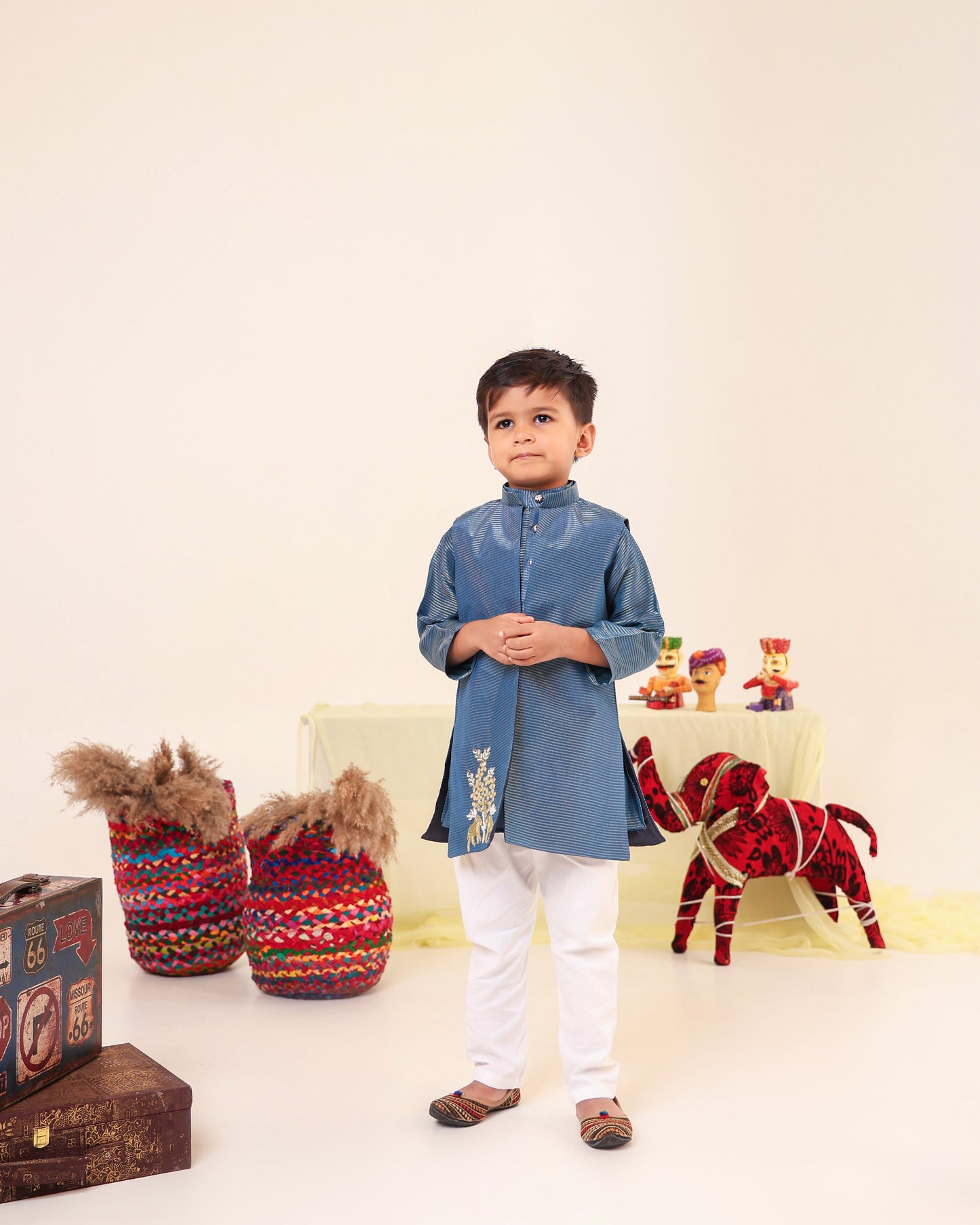 Boy Fancy Zari Embroidered Bundi Set-Teal Blue