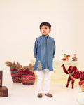 Boy Fancy Zari Embroidered Bundi Set-Teal Blue