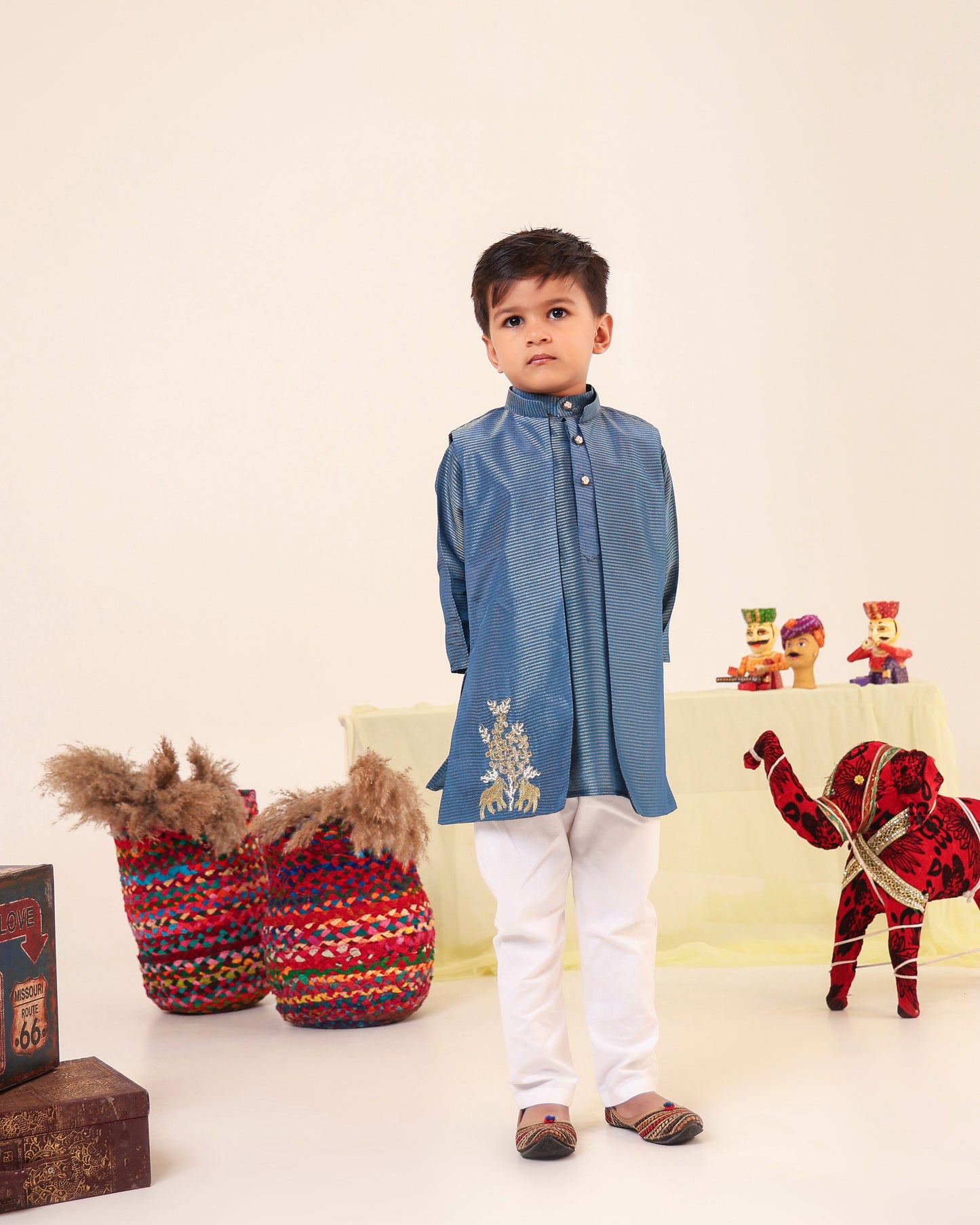 Boy Fancy Zari Embroidered Bundi Set-Teal Blue