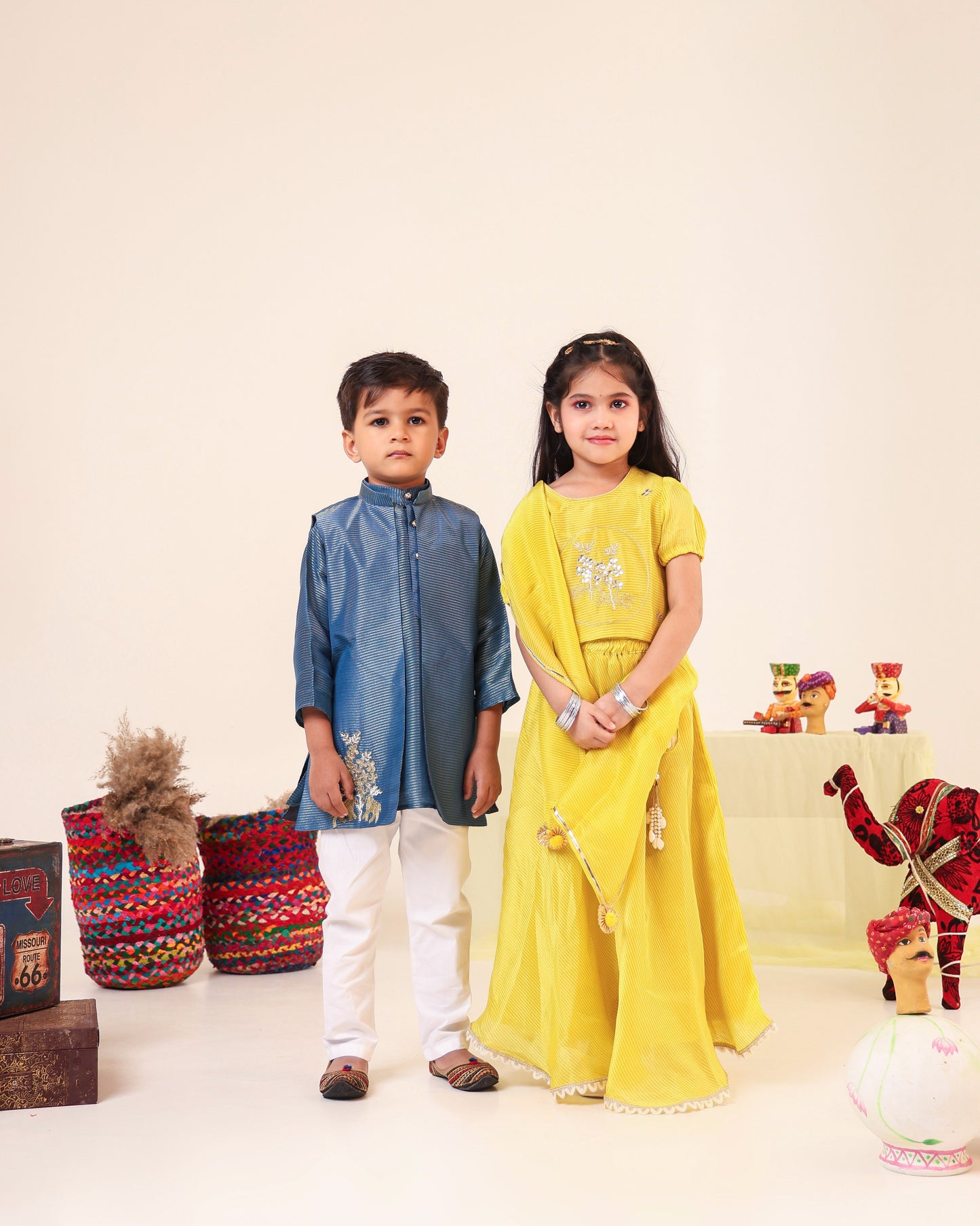 Boy Fancy Zari Embroidered Bundi Set-Teal Blue
