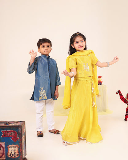 Girl Stripe Zari Embroidered Skirt Top Set - Lemon Yellow