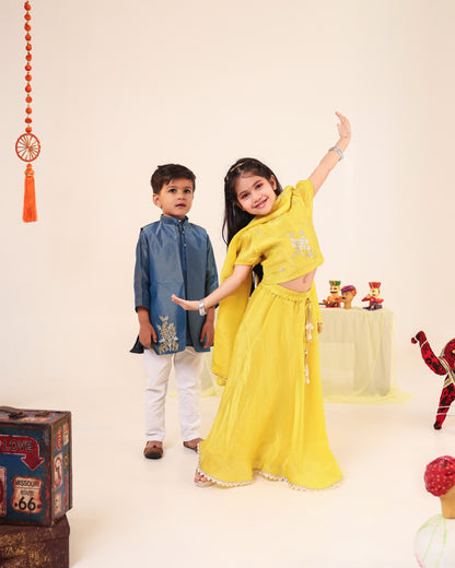 Girl Stripe Zari Embroidered Skirt Top Set - Lemon Yellow
