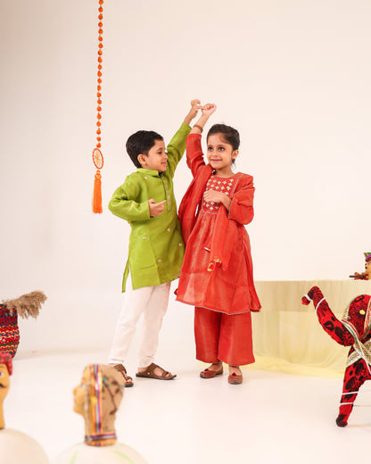 Girl Stripe Gota Embroidered Kurta and Pallazo Pants Set -Rusty Red