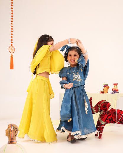 Girl Stripe Zari Embroidered Skirt Top Set - Lemon Yellow