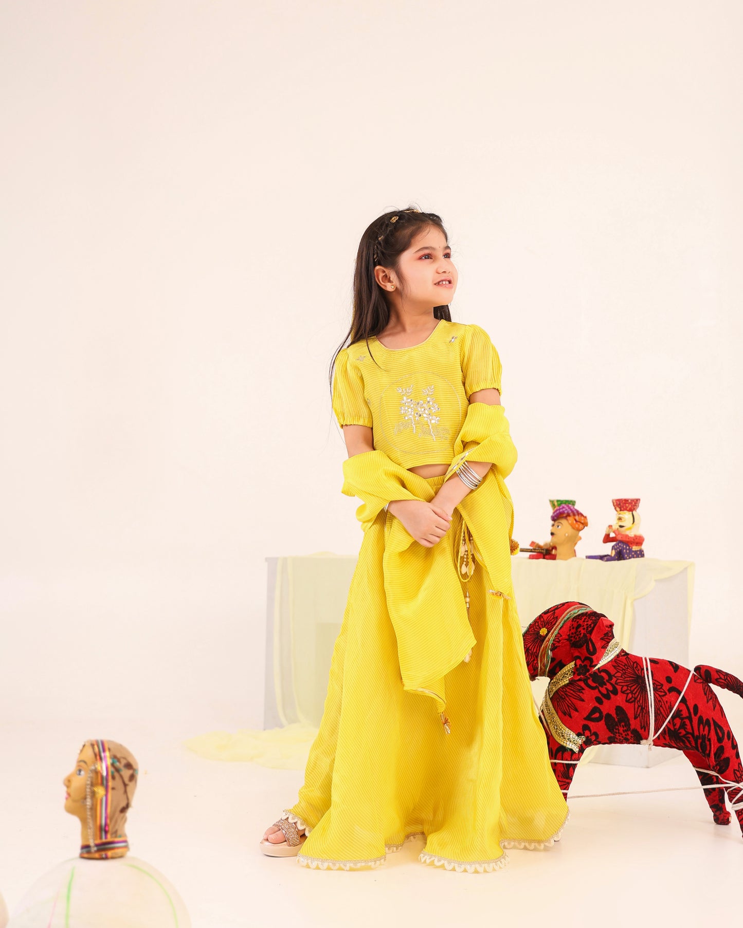 Girl Stripe Zari Embroidered Skirt Top Set - Lemon Yellow