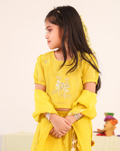 Girl Stripe Zari Embroidered Skirt Top Set - Lemon Yellow
