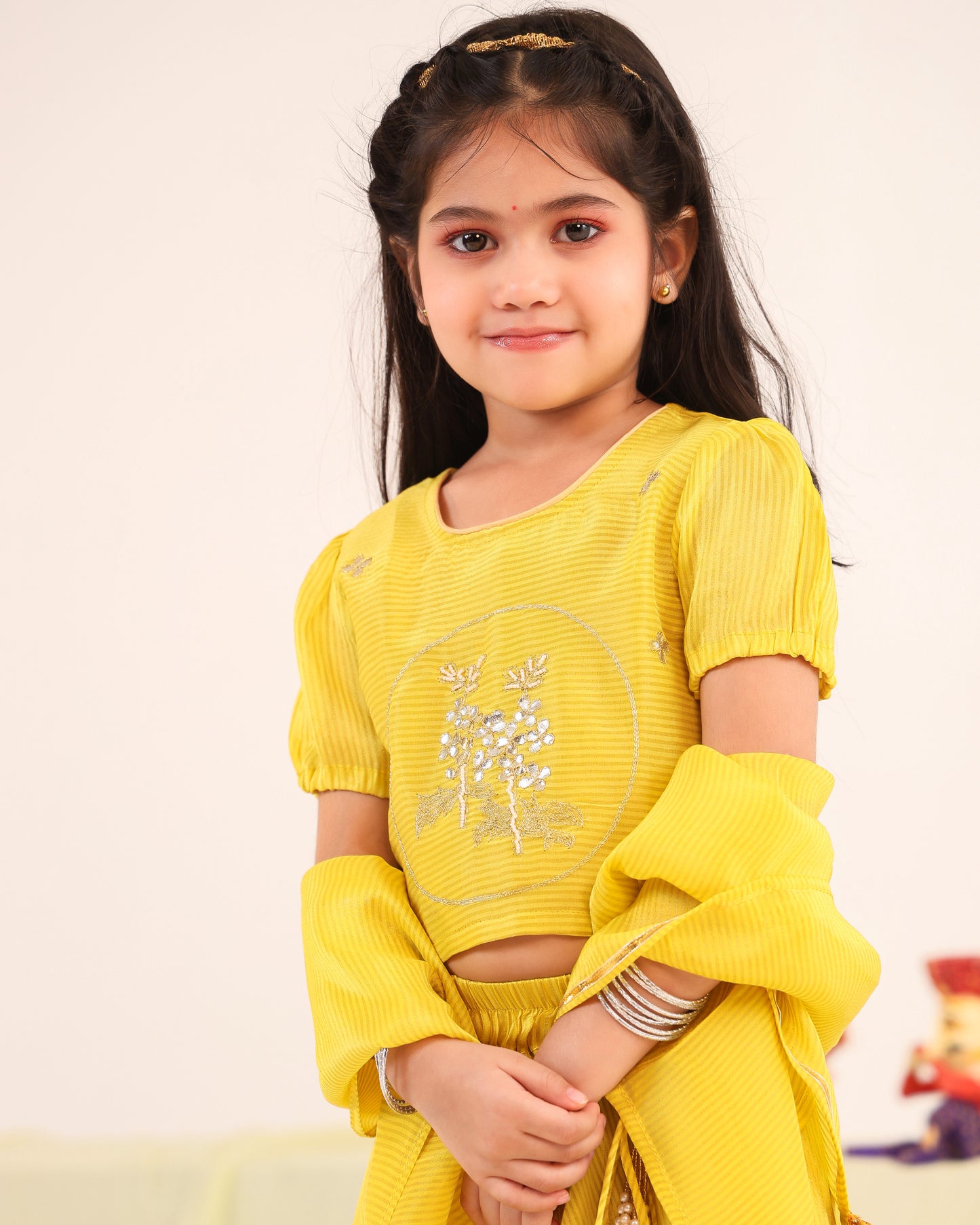 Girl Stripe Zari Embroidered Skirt Top Set - Lemon Yellow