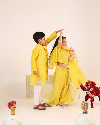 Girl Stripe Zari Embroidered Skirt Top Set - Lemon Yellow
